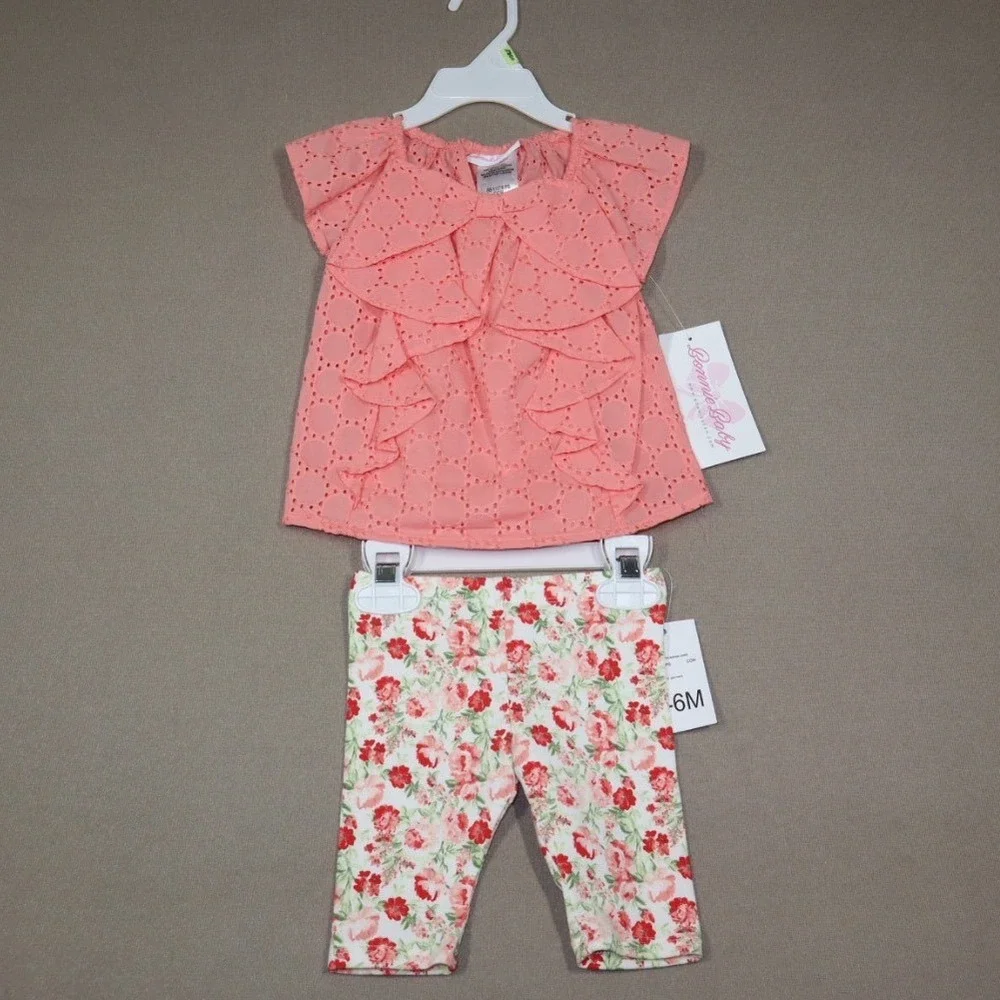 Bonnie Baby Baby Girls Short Sleeve Ruffle Eyelet‎ Top and Floral Capri - Coral